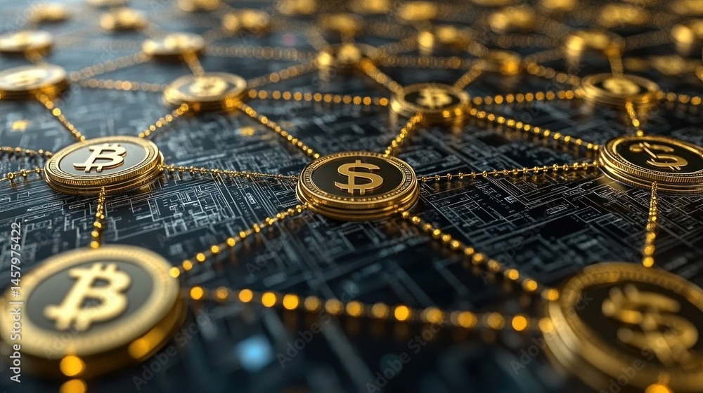Aufkleber interconnected cryptocurrency network with golden coins and digital blockchain technology