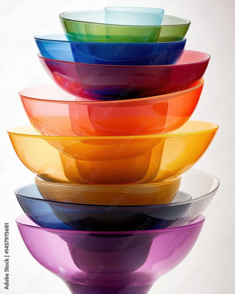 Aufkleber stack of colorful glass bowls in studio setting eye-level shot for kitchenware and tableware concept