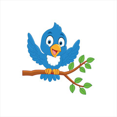 Smiling Cartoon Bluebird Sitting on a Tree Branch