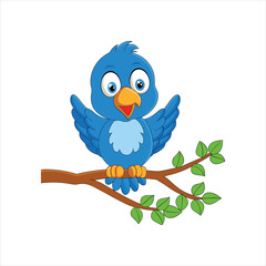 Smiling Cartoon Bluebird Sitting on a Tree Branch