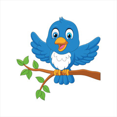 Smiling Cartoon Bluebird Sitting on a Tree Branch