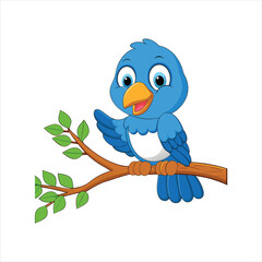 Smiling Cartoon Bluebird Sitting on a Tree Branch