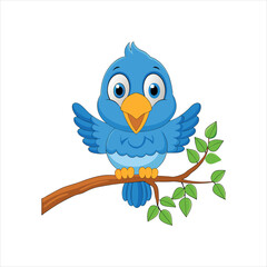 Smiling Cartoon Bluebird Sitting on a Tree Branch