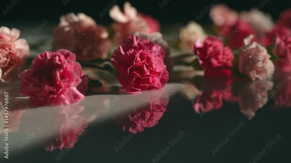 Poster close-up view of delicate carnations reflected on a smooth surface.