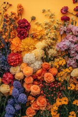 Vibrant Floral Arrangement on Yellow Backdrop Overhead Shot Colorful Assortment of Blooms Springtime Freshness Garden Variety Botanical Beauty Artistic Composition
