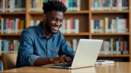 E-learning concept. Young African American guy in casual outfit student with computer laptop taking notes, attending webinar, online lesson - Powered by Adobe