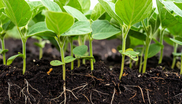 Fresh green soybean plants emerging from rich dark soil, showcasing their vibrant leaves and strong roots. This close up captures essence of growth and vitality in nature
