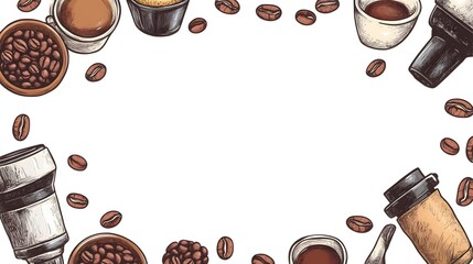 Hand-drawn coffee drinks and beans frame design.