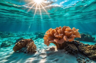 Underwater Coral Reef with Vibrant Marine Life and Sunlight Streaming Through Water