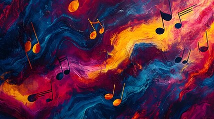 Abstract musical notes on a vibrant color swirl.