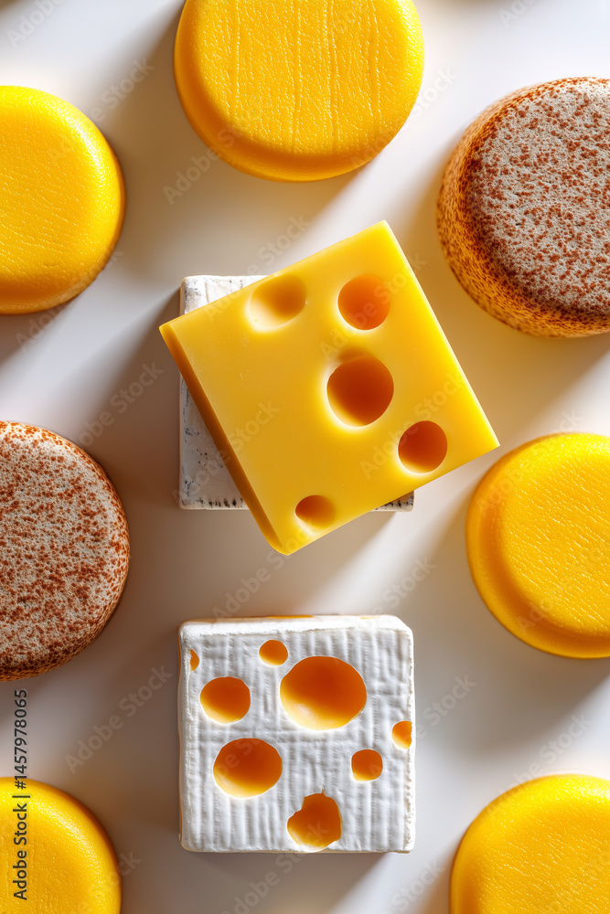 Poster cheese slices arranged in minimalist grid on clean white surface. circular and square shapes create 