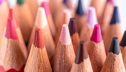 Colorful cosmetic pencils arranged closely, showcasing variety of shades and textures. vibrant tips create inviting and artistic atmosphere, perfect for creative expression