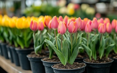 Tulip Pots Pink Blooms Yellow Backdrop