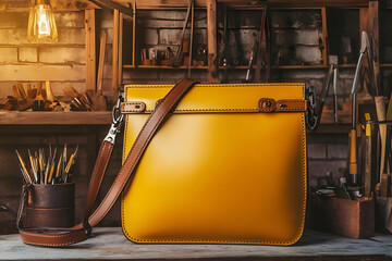 Yellow Leather Shoulder Bag in Rustic Workshop Setting
