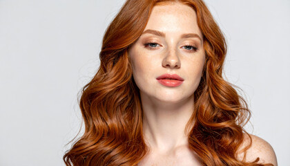 Fototapeta premium Beautiful young woman with long, wavy red hair and serene expression, showcasing flawless skin and subtle makeup against neutral background