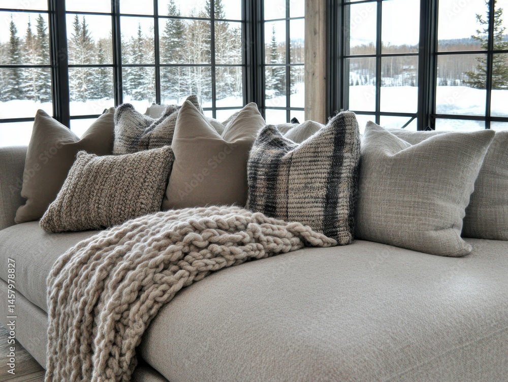 Poster cozy couch with pillows and blanket in front of snowy forest view from window interior design