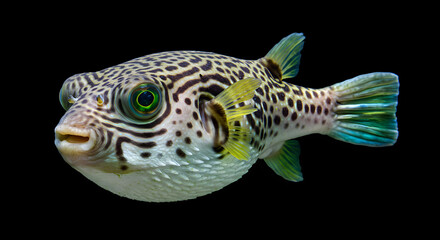 Close Up Pufferfish with Distinctive Spots Turquoise Fins and Green Eyes on Dark Background
