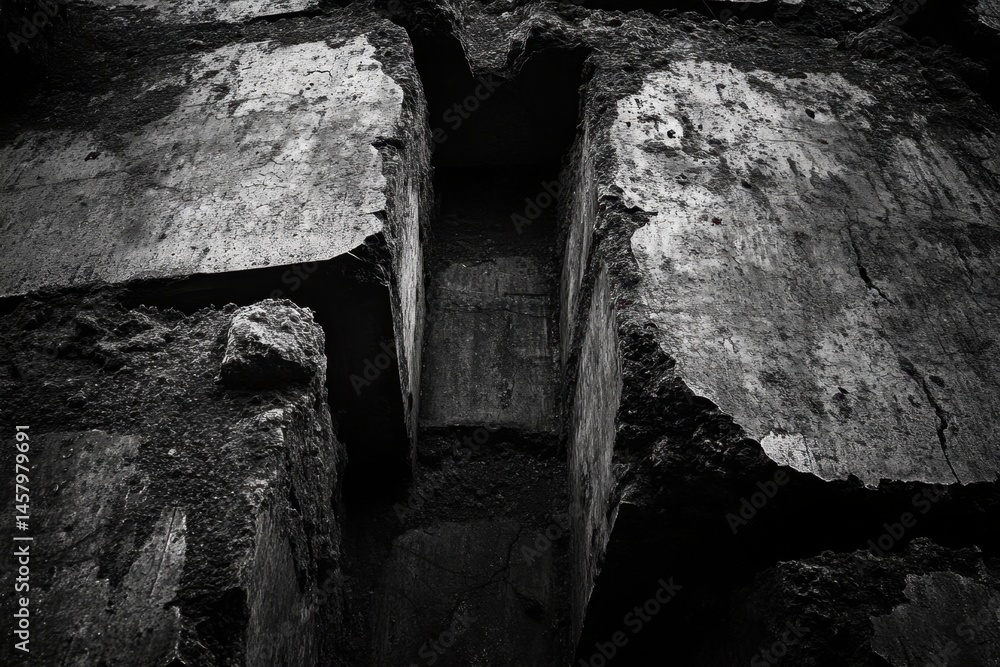 Poster abstract monochrome shot of eroded concrete structure from low angle perspective in urban location
