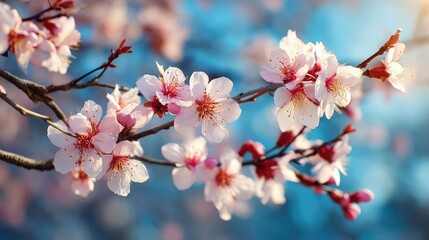 Blossoming apricot tree branches beneath beautiful sky with sunlight concept. Delicate cherry blossoms blooming in soft sunlight.