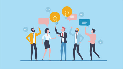 Team celebrates brainstorming success bright ideas flat design blue background