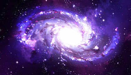 Obraz premium stunning illustration of spiral galaxy, showcasing vibrant colors of purple, blue, and white, with stars scattered throughout cosmic scene, evoking sense of wonder and beauty