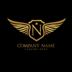 wing and shield letter N Gold color, Victory logo, wing logo, vector logo template