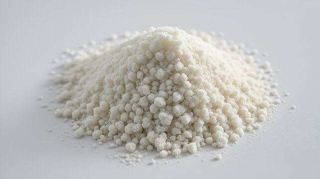 White crystalline zinc iodide powder in a mound with fine texture on a pure white background, highlighting its chemical composition and purity.