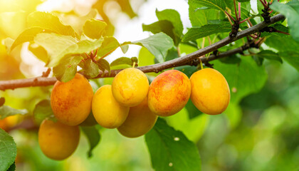 Ripe plums hang on branch, showcasing their vibrant yellow color amidst lush green leaves. sunlight enhances their natural beauty, creating warm and inviting atmosphere