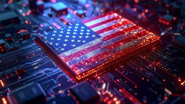 Abstract Digital Circuit Board Featuring American Flag Design with Glowing Lights and Colors