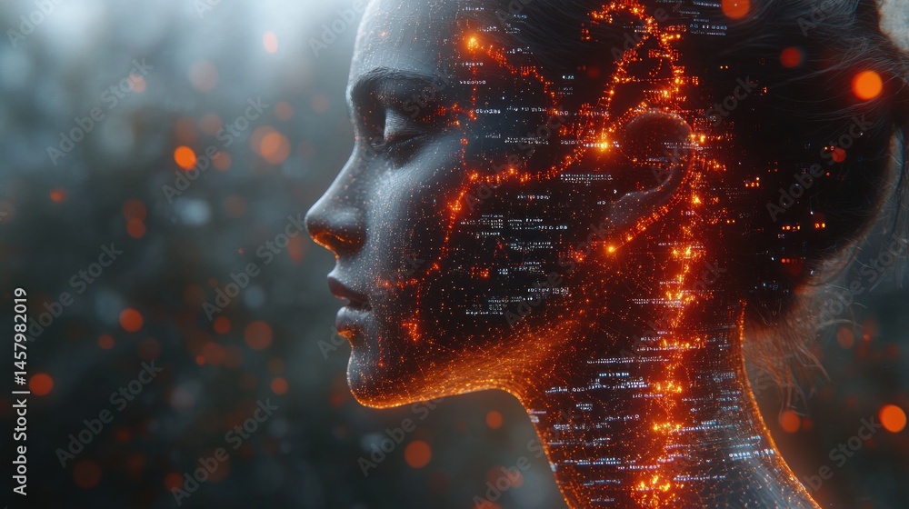 Poster abstract digital portrait of a woman with glowing networks symbolizing connectivity and artificial i