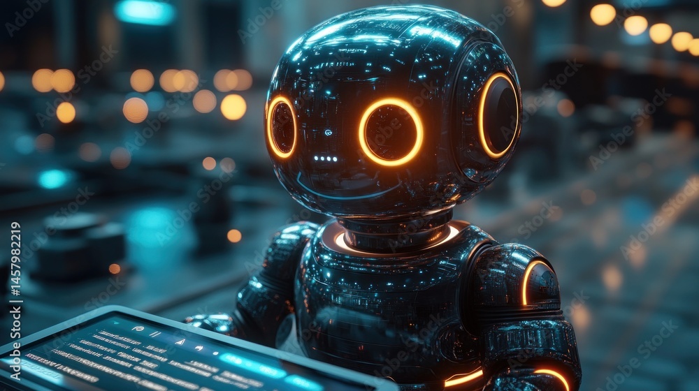 Poster futuristic glowing robot with advanced technology and friendly expression