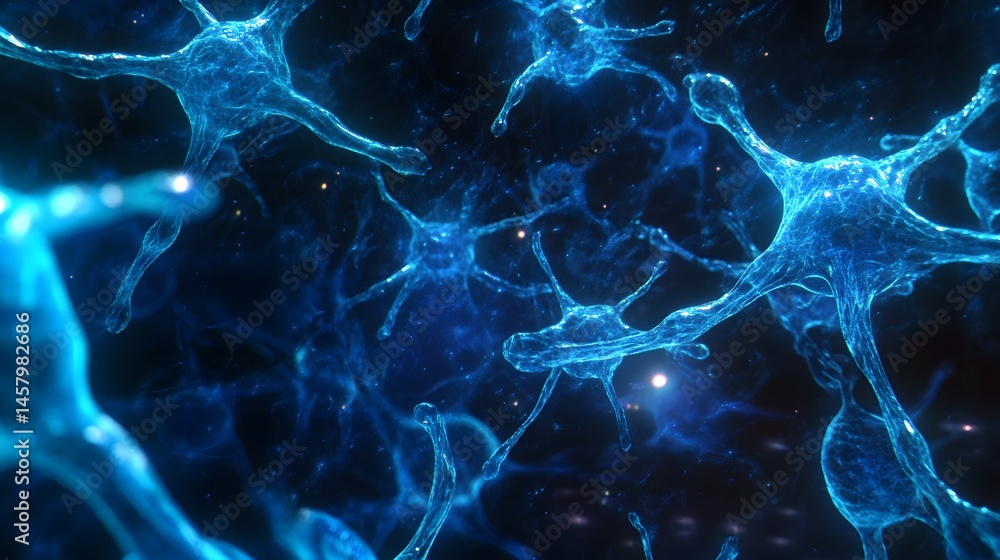 Poster intricate biological structures in a deep blue field.