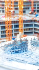 Architectural Blueprint with Scale Model Overlay Depicting Construction Site Elements
