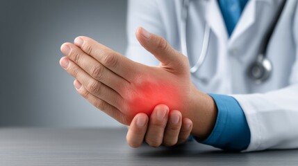 Naklejka premium Doctor holding a painful hand with red highlighted area, concept of hand injury, joint pain, arthritis, or medical diagnosis.
