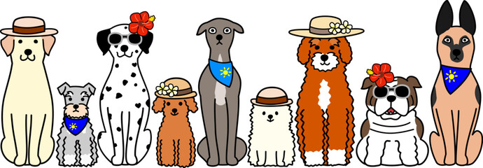 summer cartoon dogs sitting in a row