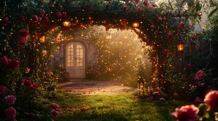 A charming romantic garden setting adorned with roses and garlands.