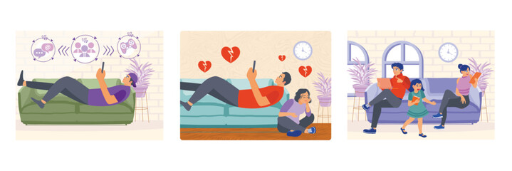 Fototapeta premium A Man Lying on Sofa and Surfing Internet.Young Couple with Quarrel. Families ignore each other.