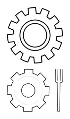 Two gear-thumbs up shapes, one appearing as a dinner plate, the other as a mechanical gear, positioned alongside a fork. Ideal for technology, engineering, innovation, industrial eating, creativity