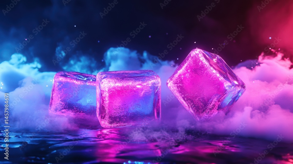 Poster iridescent ice cubes floating above a mystical vaporous surface with galaxy backdrop