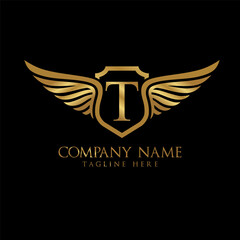 wing and shield letter T Gold color, Victory logo, wing logo, vector logo template