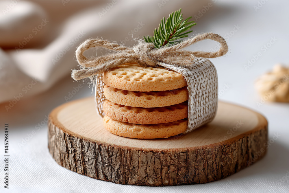 Poster bundle of rustic cookies tied with string on wooden slice, accentuated by natural textures. simple, 