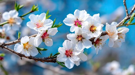 Obraz premium Blossoming apricot tree branches against blue peaceful background concept. Beautiful white almond blossoms on a branch against a blue sky.