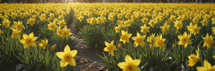 Obraz premium Sunlit field of vibrant yellow daffodils in full bloom, petals glistening , meadow, golden