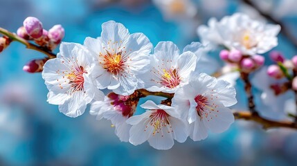 Blossoming apricot tree branches against blue peaceful background concept. Beautiful cherry blossoms in full bloom against a serene backdrop.