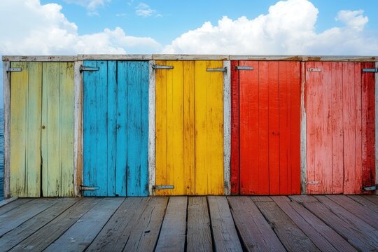 vivid wooden doors in row on pier, ocean backdrop, life decisions concept