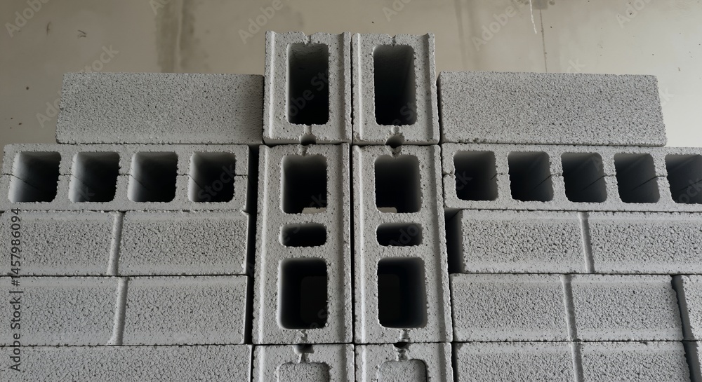 Aufkleber close-up view of a stack of grey concrete blocks, some arranged horizontally and others vertically, 