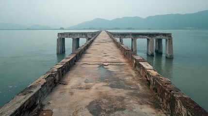 Fototapeta premium Walking the Abandoned Concrete Pier Into Calm Water
