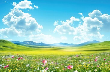 Fototapeta premium Vast Meadow with Wildflowers, Green Hills, Distant Mountains, and Cloudy Blue Sky