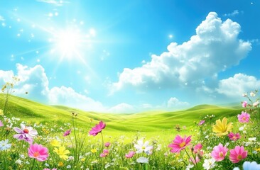 Obraz premium Vibrant Cosmos Field, Rolling Green Hills, Sunny Sky, White Clouds, Floral Meadow