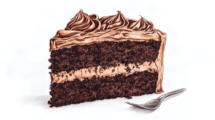 Detailed illustration of a rich chocolate cake slice.